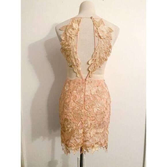 Strategic Illusion Dress Cream Lace Appliqué Sexy Club Party Night Out Mini Med - Picture 4 of 9